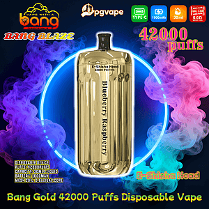 Shiny gold disposable vape device labeled “Blueberry Raspberry” centered inside a neon circle with swirling purple, pink and teal vapor and surrounding logos and text advertising Bang Gold 42000 puffs, E‑Shisha Head, Type‑C, 1000mAh battery, 30ml liquid and mesh coil.