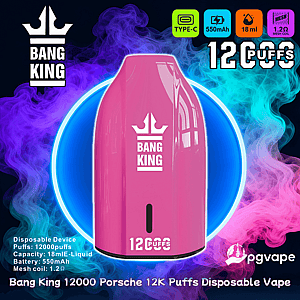 Bright pink Bang King disposable vape device centered on neon blue and pink smoke, showing large "12,000 puffs" text and icons for Type-C charging, 550mAh battery, 18 ml e-liquid and 1.2Ω mesh coil, with Bang King and pgvape branding.