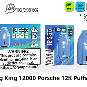 青い涙滴型の Bang King 使い捨て電子タバコと、12,000 回吸うことができる Blueberry Ice のラベルが貼られた箱、Type-C 充電のアイコン、550 mAh バッテリー、18 ml のリキッド、1.2 Ω メッシュ コイル、さらに目立つニコチン警告と pgvape.com の URL が表示されています。.