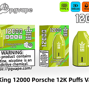 Green Bang King 使い捨て電子タバコと、「12000 パフ」のブランドとストロベリー キウイ フレーバーのアートワーク、バッテリーと容量のアイコン (Type-C、550 mAh、18 ml、1.2 Ω メッシュ コイル)、および目立つニコチン警告ラベルを表示した対応する小売ボックス。.