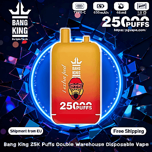 Front view of a yellow-to-red Bang King disposable vape with a crowned gorilla logo and large '25000 puffs' text, set against a blue shattered-glass neon ring background with icons for Type-C, 650mAh, 46ml and 1.0Ω mesh coil and badges reading 'Shipment from EU' and 'Free Shipping'.