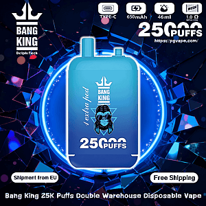 Promotional image of a blue Bang King disposable vape device with crown logo centered on a shattered neon-blue background, marked 25,000 puffs and showing icons for Type-C charging, 650 mAh battery, 46 ml e-liquid and 1.0 Ω mesh coil, with banners noting Shipment from EU and Free Shipping.