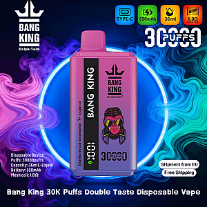 Centered on a swirling neon blue and purple smoke background, a pink-to-purple gradient Bang King disposable vape device displays the Bang King and DelphiTech logos, icons for Type-C, 550mAh battery, 36 mL e-liquid, 1.0Ω mesh coil and "30,000 puffs," with small product information and free-shipping labels.