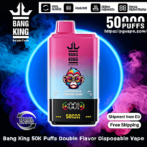 Pink-to-teal gradient Bang King disposable vape with crown logo and digital screen indicating 50,000 puffs, labeled Watermelon Ice / Blueberry Cherry, dual-flavor icons and swirling neon blue and purple smoke backdrop advertising free EU shipping