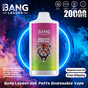 Front-facing colorful Bang Leader disposable vape with a roaring tiger graphic and large '20,000 puffs' branding, shown against a cosmic blue and purple smoky background with icons and text indicating 28ml capacity, Type‑C charging, 650mAh battery, dual‑mesh coil, and 'Shipment from EU' / 'Free Shipping' labels.
