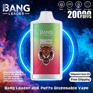 Advertisement showing a Bang Leader disposable vape with a roaring tiger graphic on a green-to-pink gradient body labeled '20,000 puffs', icons for 28ml, Type-C charging and 650mAh battery, set against a blue-and-purple cosmic smoke background with 'Free Shipping' and 'Shipment from EU' badges.