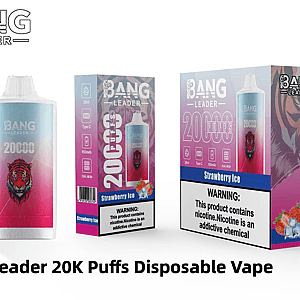 Three Bang Leader Strawberry Ice disposable vape products and packaging on a white background: a pink-to-blue gradient vape device with a tiger logo alongside two matching boxes showing '20,000 puffs', a nicotine warning, flavor label and icons for 28 ml, Type‑C charging, 650 mAh battery and dual mesh.