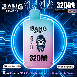 Gradient blue-to-pink disposable vape device labeled BANG LEADER with a roaring gorilla logo and large 32000 PUFFS text, set against a neon blue circuit-board background with icons for dual 28ml pods, Type-C charging, 650mAh battery and dual mesh, plus 'Shipment from EU' and 'Free Shipping' badges.