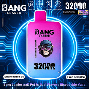 Pink-to-purple gradient disposable vape device labeled BANG LEADER and 32K PUFFS centered against a glowing blue circuit-board background, with icons indicating dual 28ml pods, Type-C charging and dual mesh, and badges reading Shipment from EU and Free Shipping.