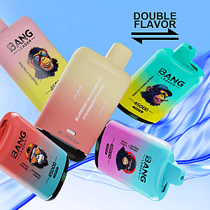 Colorful advertisement for Bang Leader rechargeable vape devices featuring five gradient pod-shaped units, a 45,000-puff claim, brand logo, icons for Type-C, 650mAh and dual mesh, and a 'Double Flavor' label on a light blue gradient background.