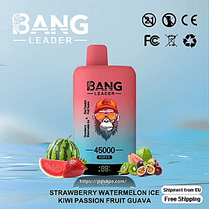 Pink-to-blue Bang Leader disposable vape device featuring a sunglasses-wearing monkey logo and '45000 puffs' on the front, set in water with watermelon, strawberry, kiwi and passion fruit slices, certification icons, and flavor text reading Strawberry Watermelon Ice / Kiwi Passion Fruit Guava.