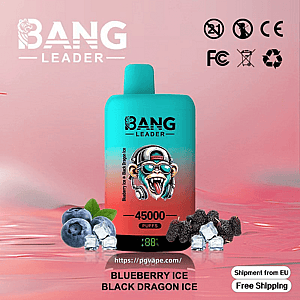 Cyan-to-red gradient disposable vape labeled BANG LEADER showing '45000 puffs' and a digital display, set on a pink surface with blueberries, dark berries and ice cubes, certification icons, a website URL and 'Blueberry Ice Black Dragon Ice' flavor and free-shipping badges.