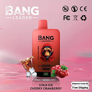 A red Bang Leader disposable vape device featuring a stylized monkey in a red hoodie and sunglasses, labeled 45,000 puffs and 'Cola Ice Cherry Cranberry', set on a pink background with a cola splash, ice cubes and cherries/cranberries at its base and certification icons in the top corner.