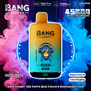 Colorful advertisement showing a gradient orange-to-teal Bang Leader disposable vape device with a cartoon monkey in headphones and sunglasses, '45000 PUFFS' displayed, surrounded by pink and blue vapor clouds and icons noting Type‑C charging, dual mesh coils, double flavors, and free EU shipping.