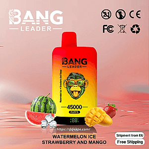 Red-to-yellow gradient disposable vape device branded BANG LEADER labeled 45,000 puffs and Watermelon Ice, Strawberry and Mango, pictured with watermelon, mango, strawberry, ice cubes and shipping/certification icons on a pink background.