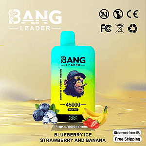 Bright turquoise-to-yellow disposable vape device labeled BANG LEADER with a smoking chimp logo and '45000 puffs' and flavor 'blueberry ice, strawberry and banana', shown on a reflective golden surface with blueberries, ice cubes, a banana and strawberry nearby and certification icons and shipping text in the corners.
