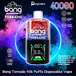 Närbild av en Bang Tornado vape-enhet för engångsbruk med en röd-till-blå gradient topp, digital display och framträdande logotyp centrerad mot virvlande lila och blå rök, med omgivande ikoner och textreklam 40 000 puffar, 40 ml kapacitet, 850 mAh batteri och Type-C laddning.