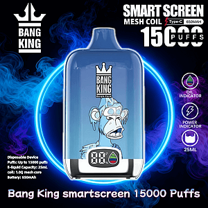 Blue Bang King disposable vape device with a cartoon ape logo and a small digital battery-and-oil indicator screen, centered on a neon-blue smoky background and surrounded by text and icons listing Smart Screen, mesh coil, Type-C, 650mAh and 15,000 puffs plus oil, power and 25ml indicators.