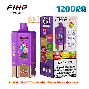 Lila FIHP Multi-Einweg-Vaporizer und passende Box mit der Aufschrift „120.000 Züge und 6-in-1-Mehrfachgeschmacksrichtungen“, mit einem Cartoon-Affen auf dem Gerät, einer Liste mit sechs Geschmacksrichtungen (Zitronenpfirsich, Erdbeerbanane, Doppelapfel, Himbeerwassermelone, Sourmango-Ananas, tropische Früchte), Produktsymbolen und einer Nikotinwarnung.