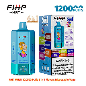 Blaugrüner FIHP Multi-Einweg-Vaporator und passende Box mit der Aufschrift “120000 PUFFS” und “6 in 1”, mit einem Cartoon-Affen auf dem Gerät, Symbolen mit sechs Geschmacksrichtungen (Erdbeer-Vanille-Kuchen, Ananas-Kokosnuss, Blue Razz, gemischte Beeren, Mango-Pfirsich, Blaubeer-Himbeere) und einer Nikotin-Warntafel.
