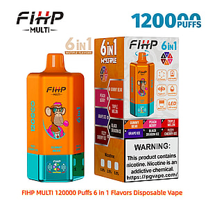 Leuchtend orange-blaugrünes FIHP Multi-Einweg-Vape-Gerät neben seiner farbenfrohen Schachtel mit der Aufschrift „120.000 Züge“ und „6-in-1“, sechs Geschmacksrichtungen (Gummy Bear, Peach Berry, Triple Melon, Grape Ice, Black Dragon Ice, Fizzy Cherry Ice), Nikotinstärkeoptionen, Produktsymbole und ein auffälliges Nikotinwarnfeld.