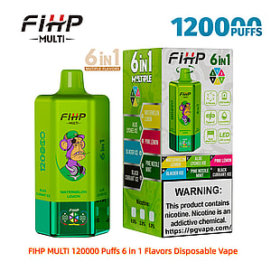 Leuchtend grünes FIHP Multi-Einweg-Vape-Gerät mit einem Cartoon-Affen neben der passenden Verkaufsverpackung mit der Aufschrift '6 in 1' und '120.000 Züge', mit einer Liste von sechs Geschmacksrichtungen und einem auffälligen Nikotinwarnhinweis.
