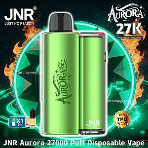 Promotional image of two metallic lime-green JNR Aurora 27K disposable vape devices showing the Aurora logo and JNR branding, set against a neon green circular background with flames and text reading 'JNR Just No Reason' and 'Aurora 27K,' with a small 10ml e-liquid icon.
