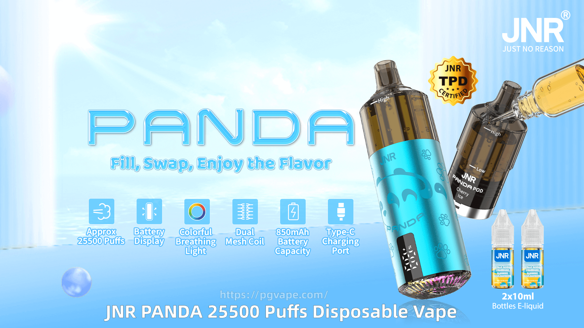 Teal metallic JNR Panda disposable vape with replaceable pods being filled, two small e‑liquid bottles and a TPD certification badge against a light blue sky-and-water background, with feature icons and the slogan