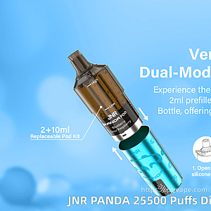 Promotional image on a light-blue background featuring a turquoise JNR Panda disposable vape with a separated brown 2ml pod hovering above a 10ml refillable body, the brand logo and headline 'Versatile Pod Kit, Dual-Module Excellence,' smaller text about the 2+10ml system and 'JNR PANDA 25500 Puffs,' and three small icons showing how to open a silicone cap, inject e‑liquid, and close the cap.