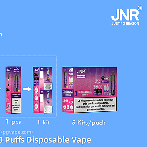 Blue product diagram showing a purple JNR Panda disposable vape with dimensions (32.5 × 32.5 × 112 mm), battery capacity 850 mAh and approx. 25,500 puffs, plus package assembly images, a 5‑kits/pack retail box and the JNR logo.