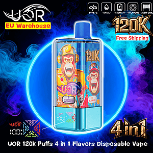 Bright promotional graphic of a metallic turquoise UOR 120K disposable vape with windowed panels showing colorful cartoon artwork including a roaring gorilla, set against glowing blue and purple smoke and overlaid with icons for Type‑C, 64mL, 650mAh, 4 flavors and mesh coil plus labels reading EU Warehouse, Free Shipping and 4 in 1.