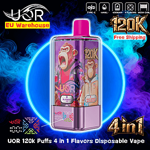 Colorful promotional image of a pink-and-purple UOR disposable vape device with a cartoon ape design and pink mouthpiece set against a neon blue circular glow and smoky purple background, labeled "120K" and "4 in 1" with flavor badges for Blueberry Ice and Peach Mango Watermelon and small icons indicating Type-C charging, 64mL capacity and 650mAh battery.