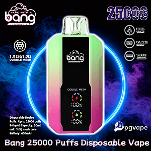 Centered against a neon blue and purple smoky backdrop, a rainbow-gradient disposable vape device labeled "Double Mesh" is shown with promotional text for 25,000 puffs and icons noting 30 mL e-liquid capacity, a 650 mAh battery and Type‑C charging.