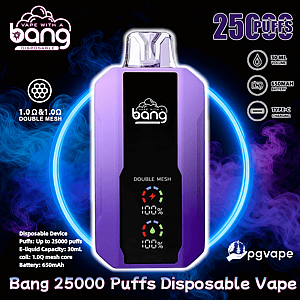 Vape jetable Bang rectangulaire violette centrée sur un anneau de fond de fumée bleu et violet, montrant un panneau avant noir avec le logo Bang et un affichage ' Double Mesh ', avec du texte et des icônes environnants annonçant 25 000 bouffées, une capacité d'e-liquide de 30 ml, une batterie de 650 mAh, une charge de type C et des bobines à double maille de 1,0 Ω.