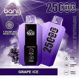 Deux appareils de vapotage jetables Bang violets : l'un présenté de face avec un écran central noir étiqueté ' Double Mesh ' et des icônes de batterie, l'autre incliné pour afficher un grand texte ' 25 PUFFS ' — sur un fond violet avec des raisins, une étiquette de saveur ' GRAPE ICE ' et des icônes pour un volume de 30 ml, une batterie de 650 mAh et une charge de type C.