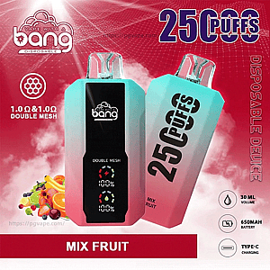 Deux appareils de vapotage jetables Bang rose pastel à bleu sarcelle sur fond rouge, l'un montrant un écran avant noir indiquant ' double maille ' avec des icônes de batterie et l'autre incliné avec un grand texte ' 25 PUFFS ', étiqueté Mix Fruit et accompagné d'icônes indiquant 1,0 Ω double maille, 30 ml de volume, 650 mAh de batterie et une charge de type C.