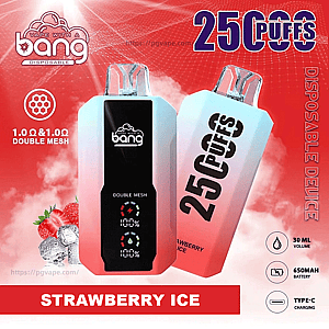 Deux appareils de vapotage jetables Bang roses et blancs étiquetés “ 25 Puffs ” avec un écran avant noir, des images de fraise et de glace et une bannière rouge indiquant “ Strawberry Ice ”, ainsi que des icônes indiquant un volume de 30 ml, une batterie de 650 mAh et une charge de type C.