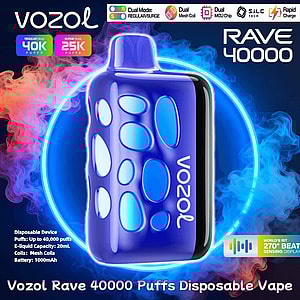Purple-blue Vozol Rave 40000 disposable vape with oval cutouts and the Vozol logo, shown against a neon circular backdrop with blue and orange vapor and product text indicating up to 40,000 puffs, 20 mL e-liquid capacity, mesh coils and 1000 mAh battery.