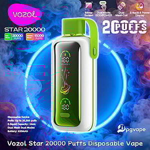 White and neon-green Vozol Star 20000 disposable vape with a black front display showing colorful icons and a green carry strap, centered against a blue smoky background and neon ring with text highlighting 20,000 puffs and product feature icons