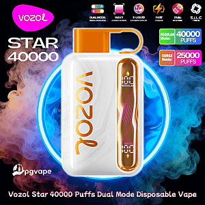White rectangular Vozol Star 40000 disposable vape with gold-accent vertical display and orange mouthpiece centered on a blue and purple smoky background, surrounded by labels showing Star 40000, 40,000 puffs (regular mode), 25,000 puffs (surge mode), and icons for dual-mode and fast charge