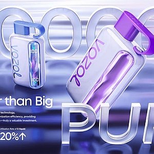 Promotional graphic showing two glossy purple-and-blue vape devices in front of large metallic