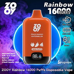 Orange ZOOY Rainbow disposable vape device centered against purple and blue smoke, labeled “Peach Mango Watermelon” with fruit icons, “16000 PUFFS” text and a small display reading 88%, surrounded by product specs and brand logos.