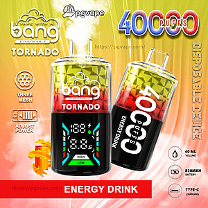 Reklamgrafik som visar två färgglada Bang Tornado vape-enheter för engångsbruk med en digital display, märkta 'Tornado' och '4000 puffar', märkta som Energy Drink och åtföljda av ikoner för tre-mesh spolar, justerbar effekt, 40 ml volym, 850 mAh batteri och Type-C laddning på en gul-orange bakgrund.