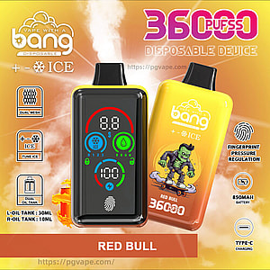Two bright Bang disposable vape devices against an orange-yellow background—one front-facing with a digital touch display showing battery, ice and airflow icons and a fingerprint symbol, the other yellow-orange labeled “Red Bull” with a green skateboarder cartoon—surrounded by icons noting 36,000 puffs, dual mesh and dual oil tanks (L 30ml/R 10ml), ICE tuning, fingerprint pressure regulation, 850mAh battery and Type‑C charging.