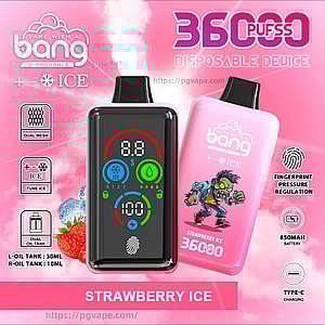 Advertisement on a pink cloudy background showing two Bang disposable vape devices—a black-front unit with a colorful digital display and fingerprint sensor and a pink back unit with a zombie graphic—labeled “Strawberry Ice” 36000 puffs and feature icons for dual mesh, ICE tuning, dual oil tanks (L 30 ml, R 10 ml), fingerprint pressure regulation, 850 mAh battery, and Type-C charging.