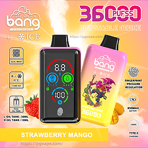 Colorful ad for a Bang disposable vape in Strawberry Mango showing two devices—one front-facing with a circular digital display and fingerprint icon, the other back-facing with the logo and a cartoon dragon on a skateboard—set against a pink‑orange background with strawberry and mango visuals and icons noting dual mesh, ICE tuning, dual oil tanks (L 30ml/R 10ml), fingerprint pressure regulation, 850mAh battery and Type‑C charging.