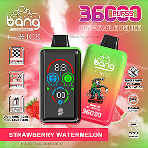 Colorful ad showing two Bang disposable vape devices—one front-facing with a digital display and fingerprint icon, the other green-to-pink with a skateboarder graphic and the label Strawberry Watermelon—set against a cloudy vape background with strawberries and watermelon and callouts for ICE, dual mesh, fingerprint pressure regulation, 850mAh battery and Type-C charging.