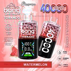 Kampanjbild för Bang Tornado vattenmelon engångsvape som visar två rosa och svarta pod-formade enheter – en upprätt med en digital display för effekt/puff-räkning och en vinklad visning 