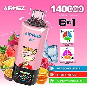 Pink AIRMEZ 6in1 disposable vape with a fox graphic, 1400 puffs, flavors: dragonfruit ice, fruity fusion, raspberry watermelon.