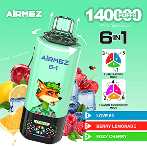 Mint-green AiRMEZ 6in1 vape with a fox mascot, 1400 puffs, background, flavors Love 66, Berry Lemonade, Fizzy Cherry.